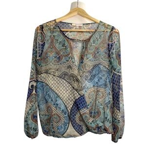 Lavender Brown Sheer Paisley Surplice Wrap Blouse Size S